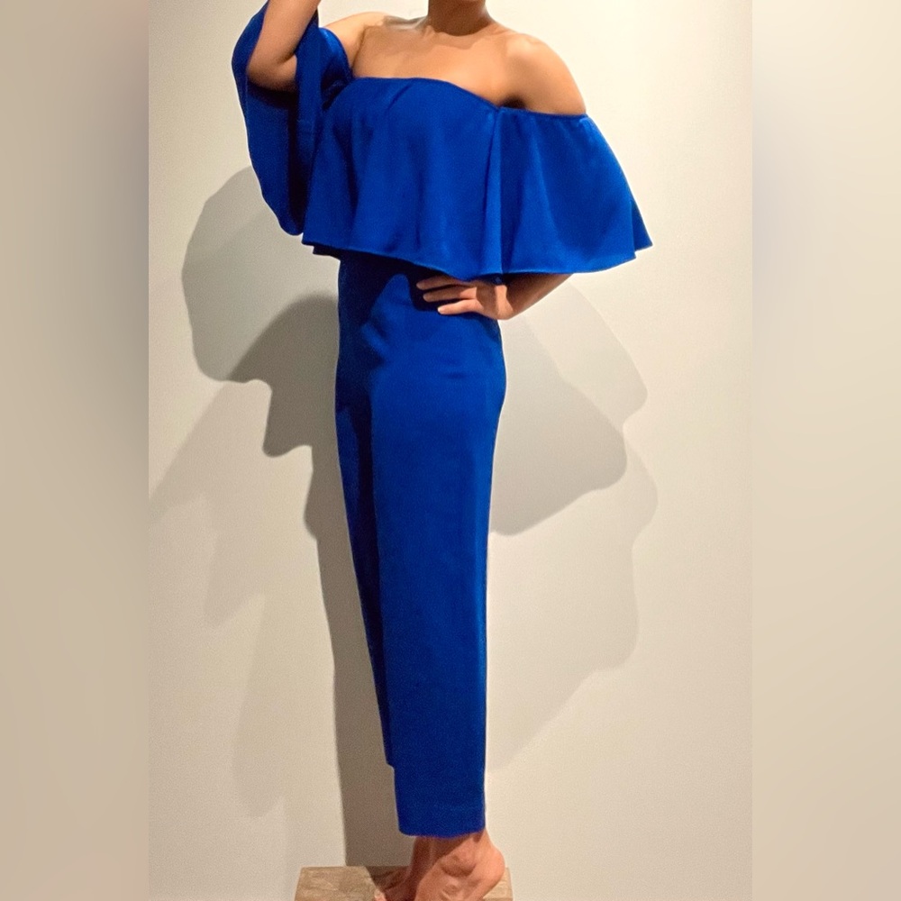 Royal blue jumpsuit with flare top.